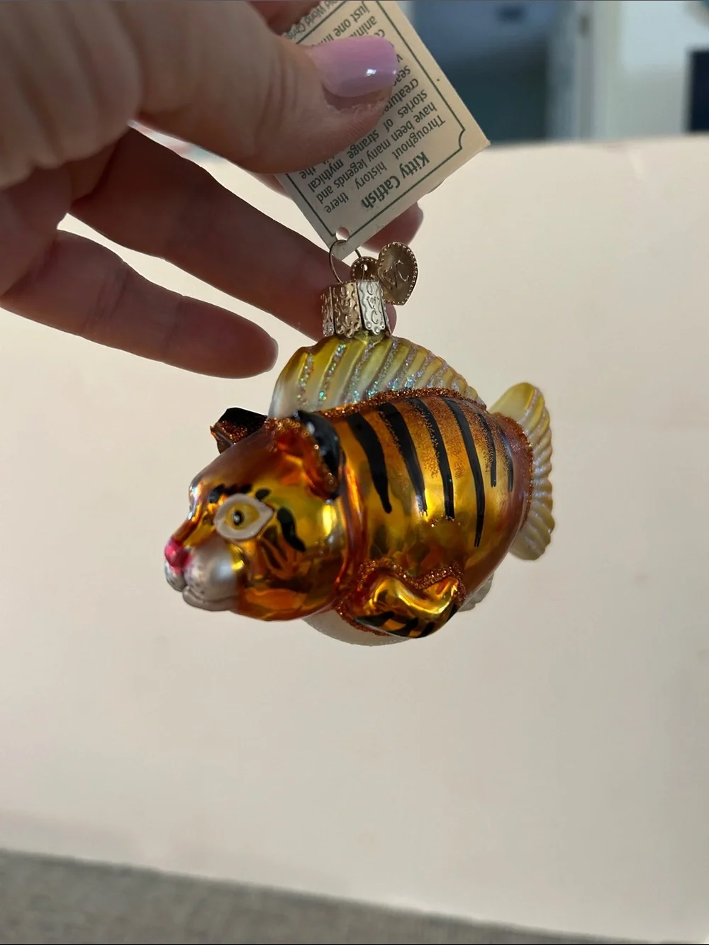 Old world Christmas Glass Tiger Kitty CatFish Ornament one ear broken
